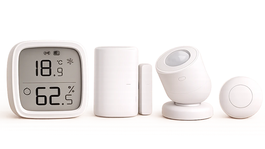 Kit de sensores Amparo: sensor de temperatura y humedad con pantalla, sensor de puerta, sensor de movimiento y botón de emergencia